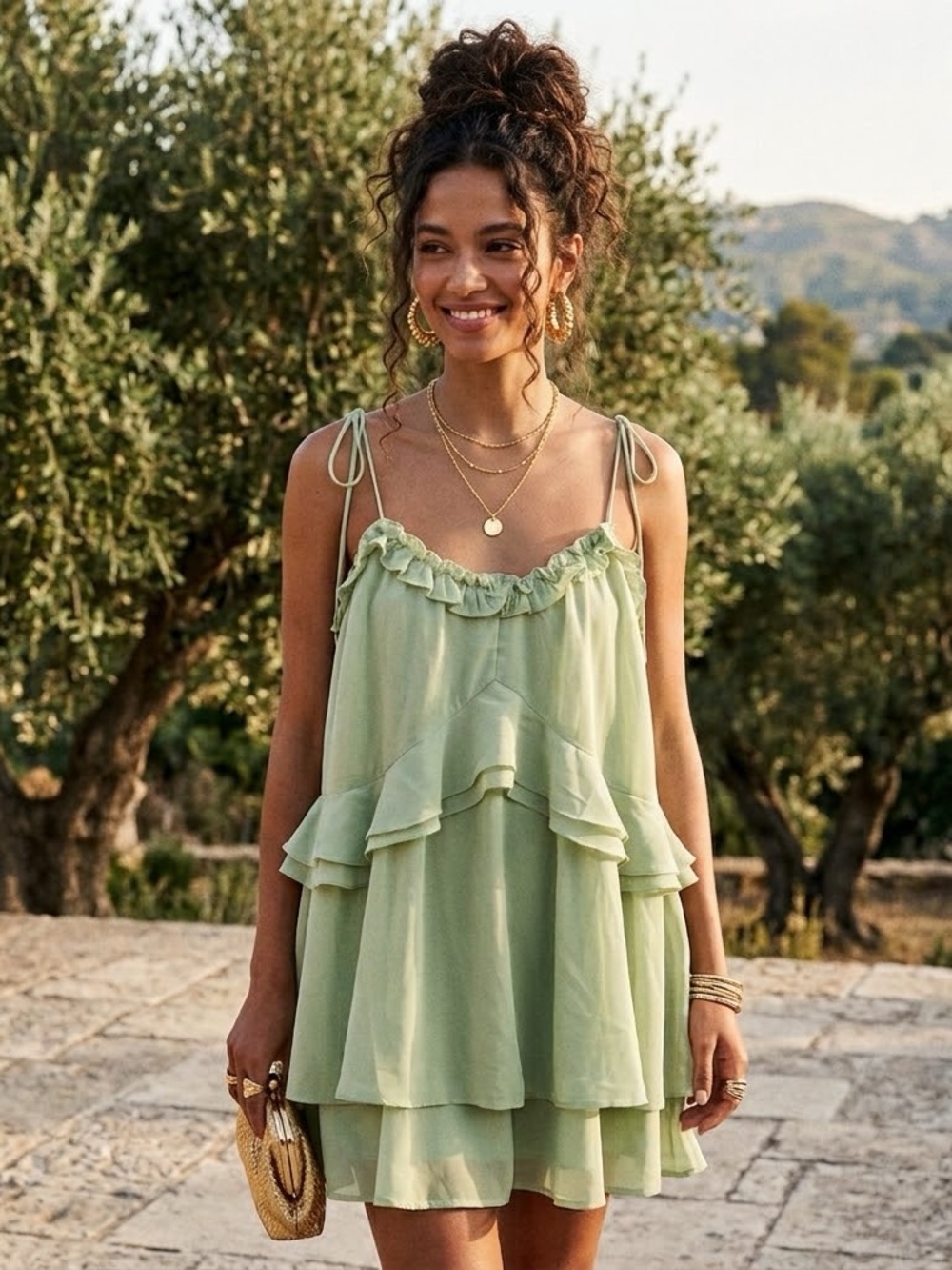 vestique Sage Green Tiered Ruffle Tie-Shoulder Camisole